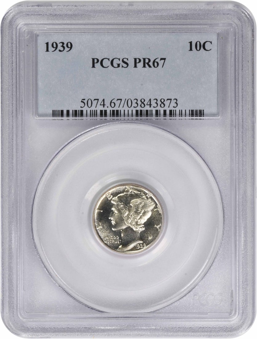 1939 Proof Mercury Dime PR67 Graded by PCGS: 1939 Proof Mercury Dime PR67 Graded by PCGS This 1939 Mercury Dime is a proof coin graded PR67 by PCGS. Struck at the Philadelphia Mint, it features the iconic design by Adolph Alexander Weinman. Comp