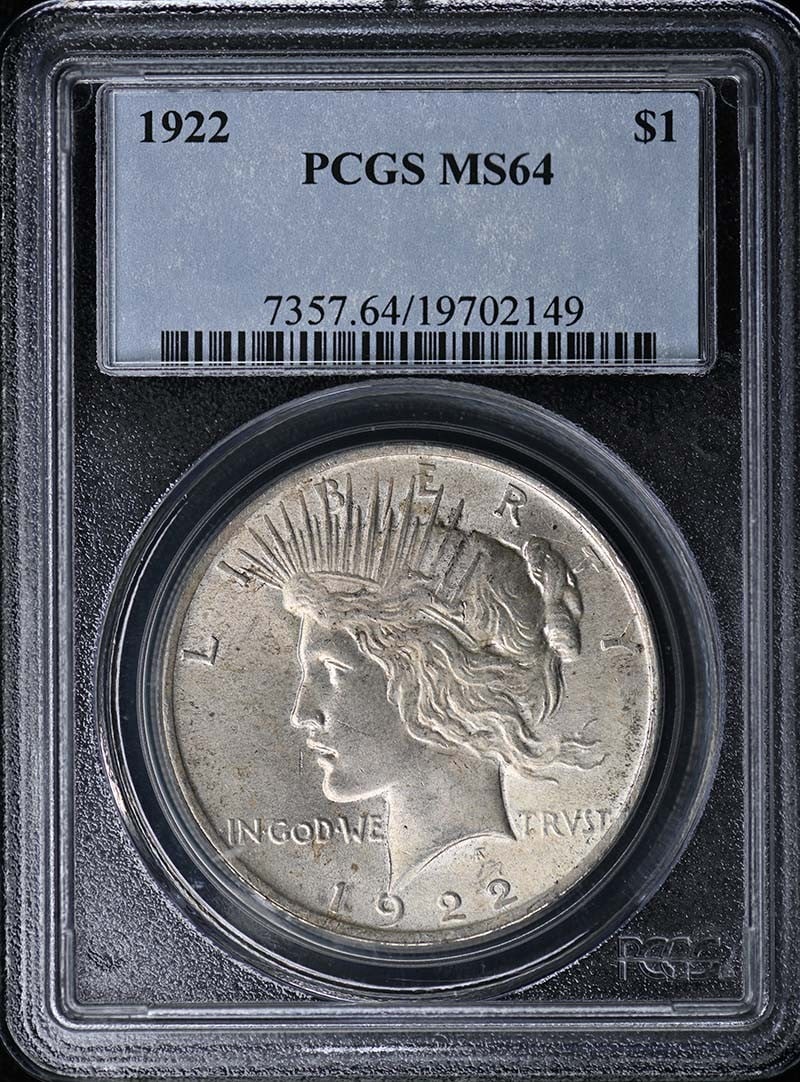 PCGS MS64 Peace Dollar 1922 Philadelphia Mint Silver Coin: PCGS MS64 Peace Dollar 1922 Philadelphia Mint Silver Coin This 1922 Peace Dollar is graded MS64 by PCGS and was minted in Philadelphia. The coin is uncirculated and comes with PCGS certification for a
