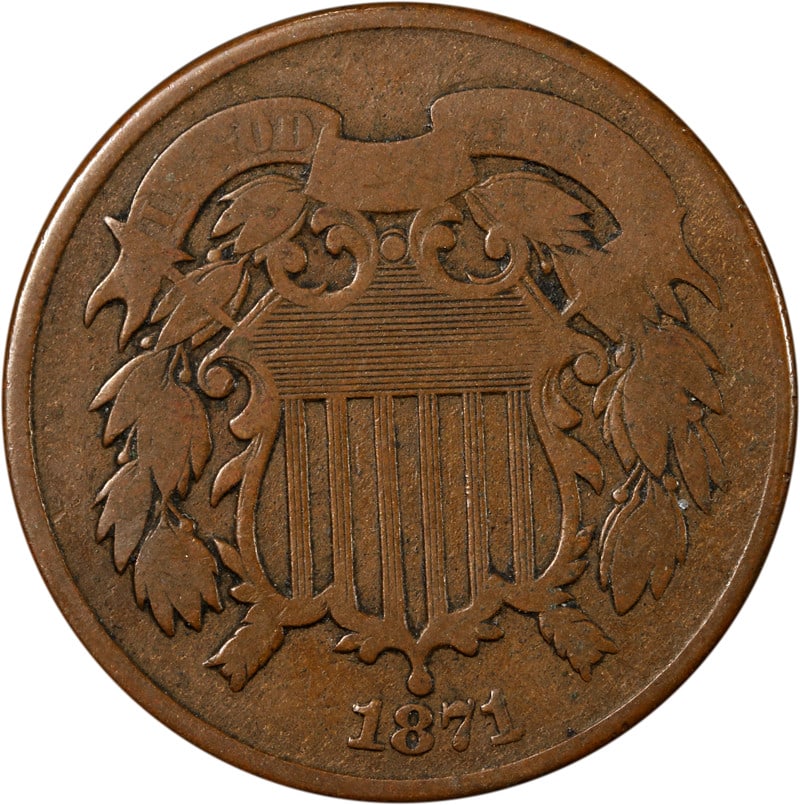United States 1871 Copper Two Cent Coin Circulated (1 of 2)