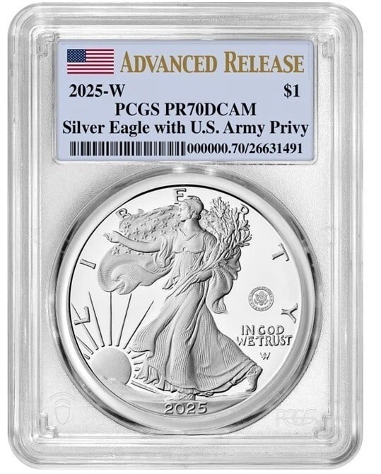 2025-W Proof Silver Eagle PR70 PCGS US Army Privy Mark Dollar Coin: 2025-W Proof Silver Eagle PR70 PCGS US Army Privy Mark Dollar Coin This is a 2025-W Proof American Silver Eagle coin featuring the US Army privy mark. Struck in .999 fine silver, this coin has a weigh