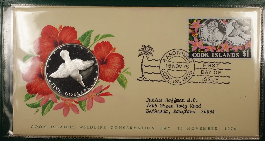 Cook Islands 1976 $5 Silver Coin With First Day Cover In Official Folder: Cook Islands 1976 $5 Silver Coin With First Day Cover In Official Folder This listing features a 1976 Cook Islands $5 silver coin paired with a First Day Cover, both presented in the official governme