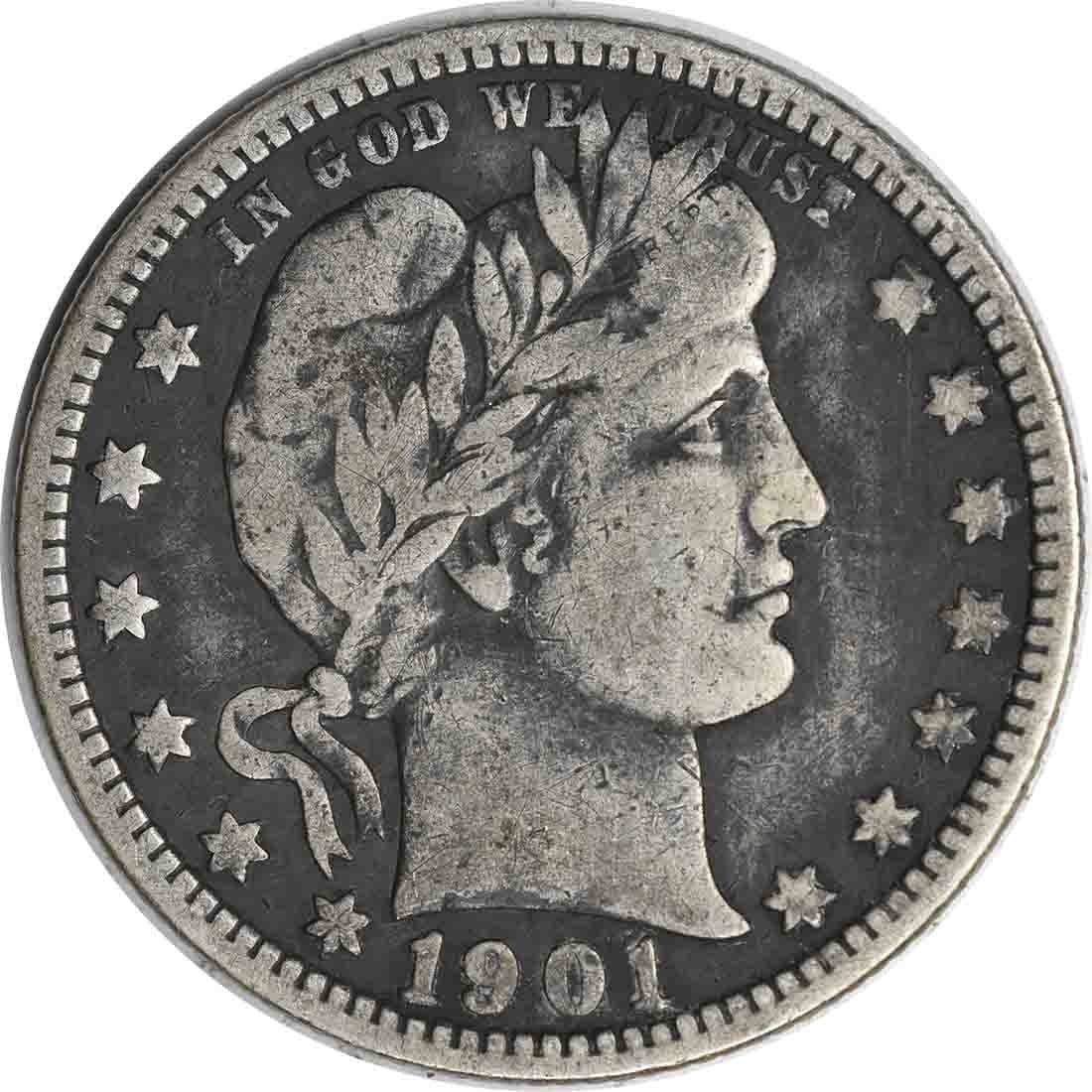 1901 Barber Quarter Uncertified 90% Silver Circulated Coin (1 of 2)