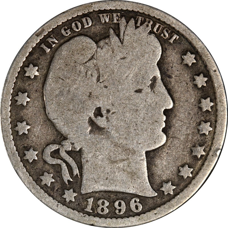 1896 New Orleans Mint Silver Barber Quarter United States Coin: 1896 New Orleans Mint Silver Barber Quarter United States Coin This 1896-O Barber Quarter is a circulated silver coin from the United States, minted in New Orleans in 1896. The coin is uncertified and