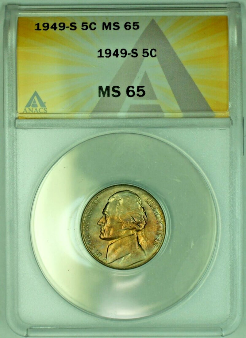 ANACS MS 65 1949-S Jefferson Nickel with Toning 5C United States: ANACS MS 65 1949-S Jefferson Nickel with Toning 5C United States This is a 1949-S Jefferson Nickel with a 5-cent denomination from the United States. The coin is uncirculated and has been certified by