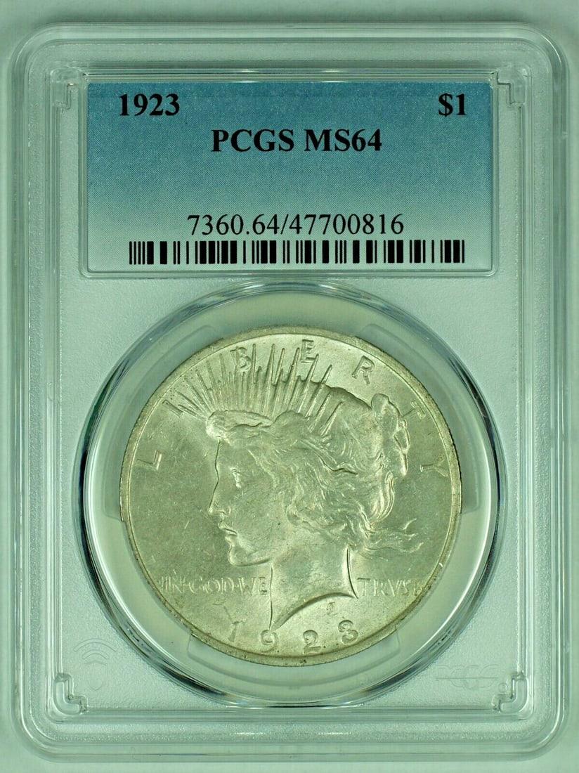 PCGS MS 64 Plus 1923 Peace Dollar Silver Coin: PCGS MS 64 Plus 1923 Peace Dollar Silver Coin This is a 1923 Peace Silver $1 Dollar coin from the United States, certified by PCGS with a grade of MS 64+. The coin is uncirculated and composed of silv