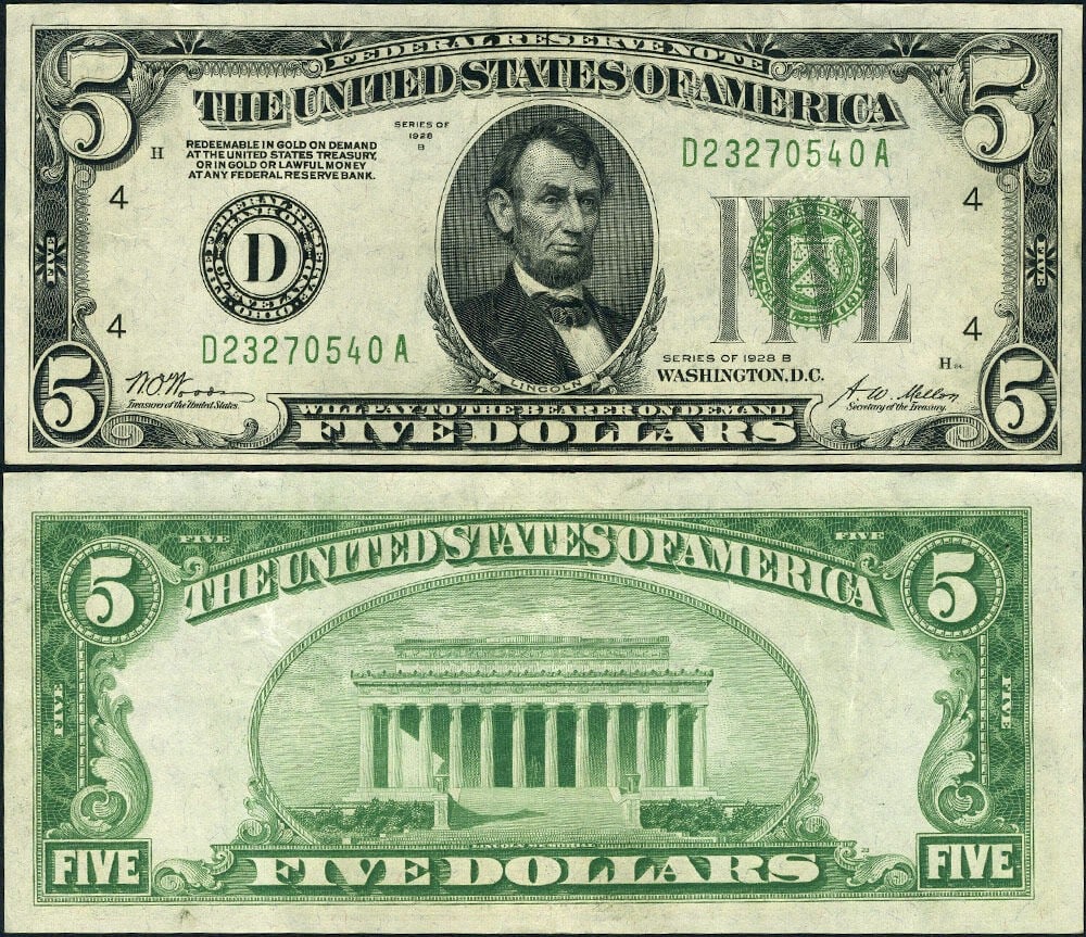 1928-B $5 Federal Reserve Note Cleveland D-A Block XF (1 of 3)