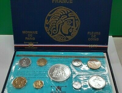1977 French 9 Piece BU Set With 90 Percent Silver 50 Francs In Box No Lid: 1977 French 9 Piece BU Set With 90 Percent Silver 50 Francs In Box No Lid This is a 1977 France 9-coin Brilliant Uncirculated set from the Paris Mint, featuring coins with denominations ranging from 1
