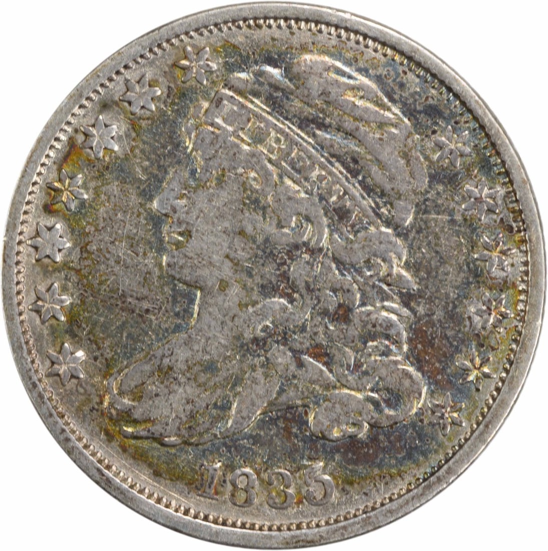 1835 Capped Bust Silver Dime 10C F Uncertified Philadelphia Mint: 1835 Capped Bust Silver Dime 10C F Uncertified Philadelphia Mint This 1835 Capped Bust Silver Dime is a remarkable piece from the Philadelphia mint, showcasing the artistry of designer John Reich. Wit