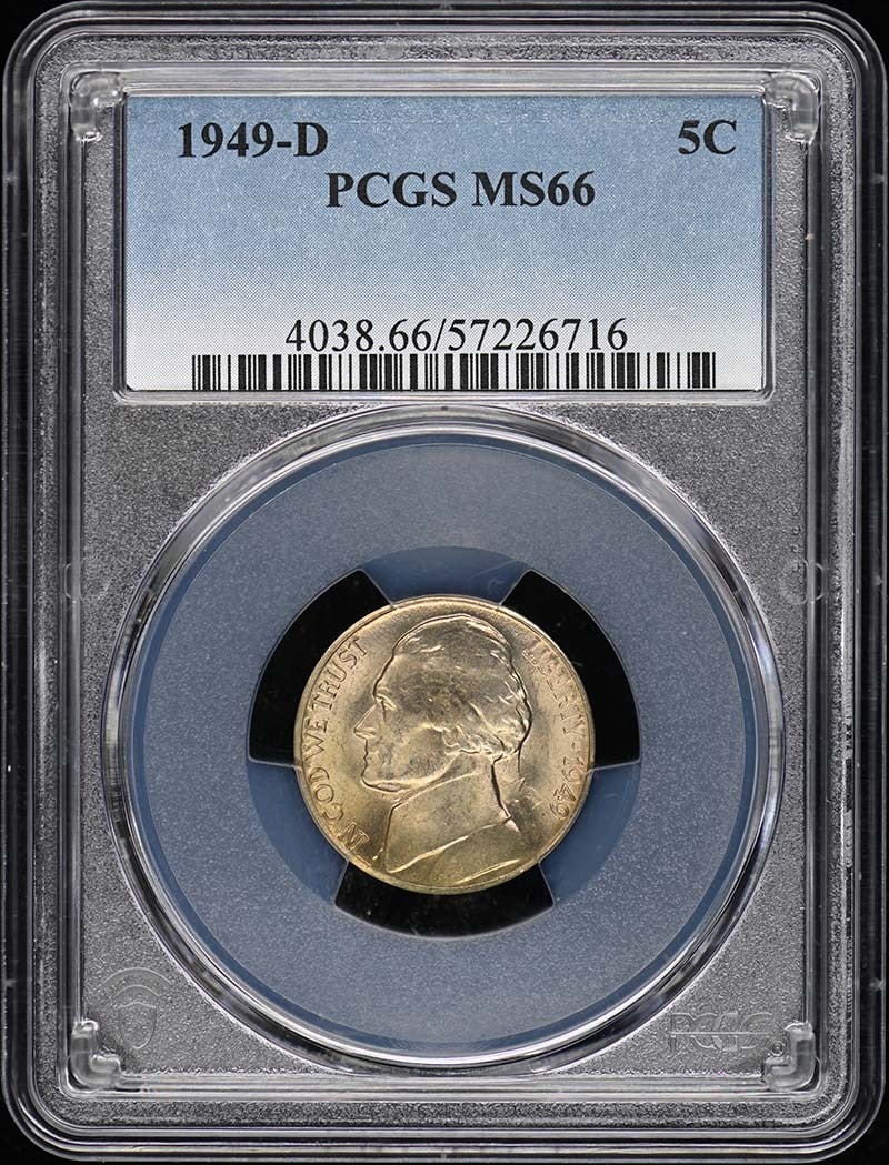 1949-D Jefferson Nickel PCGS MS66 Uncirculated Denver Mint: 1949-D Jefferson Nickel PCGS MS66 Uncirculated Denver Mint This 1949-D Jefferson Nickel is certified by PCGS with a remarkable grade of MS66, indicating its pristine, uncirculated condition. Minted in