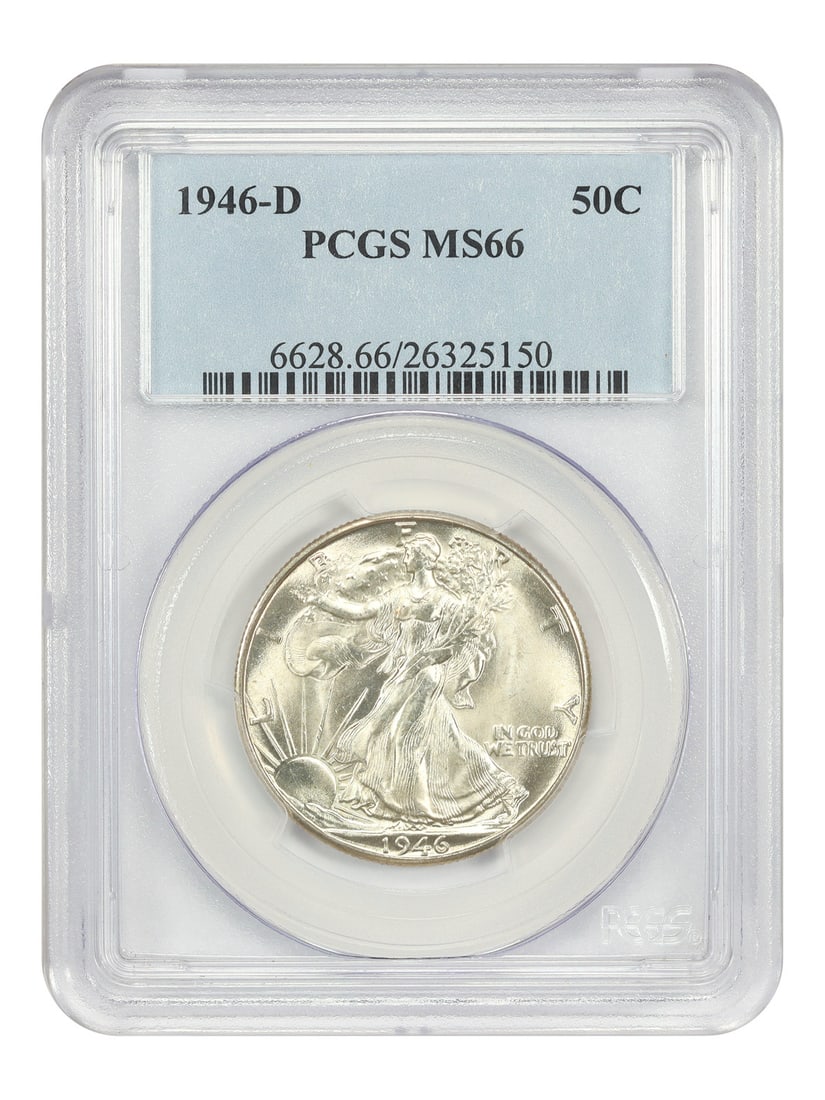 PCGS MS66 1946-D Walking Liberty Half Dollar 50C Coin: PCGS MS66 1946-D Walking Liberty Half Dollar 50C Coin This is a 1946-D Walking Liberty Half Dollar graded MS66 by PCGS. It is an uncirculated coin struck at the Denver Mint and is part of the Walking