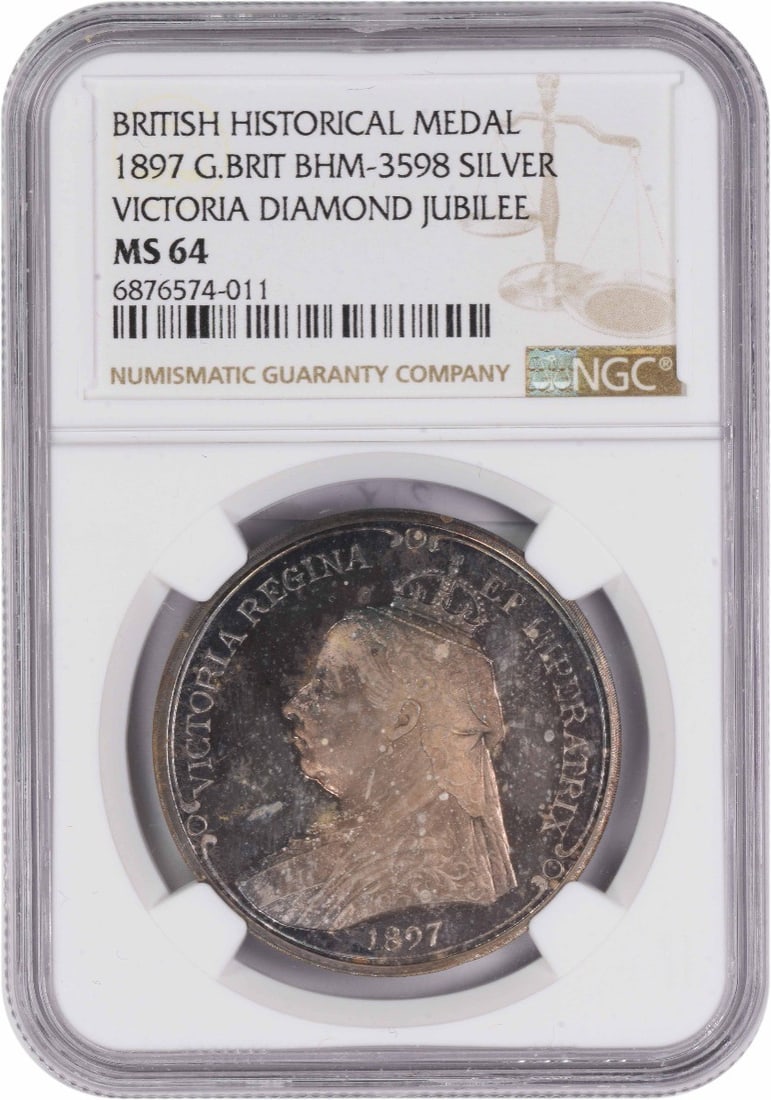 1897 Silver Victoria Diamond Jubilee Medal NGC MS64 Great Britain: 1897 Silver Victoria Diamond Jubilee Medal NGC MS64 Great Britain This 1897 Great Britain silver medal commemorates the Victoria Diamond Jubilee. Certified by NGC with a grade of MS64, this uncirculat