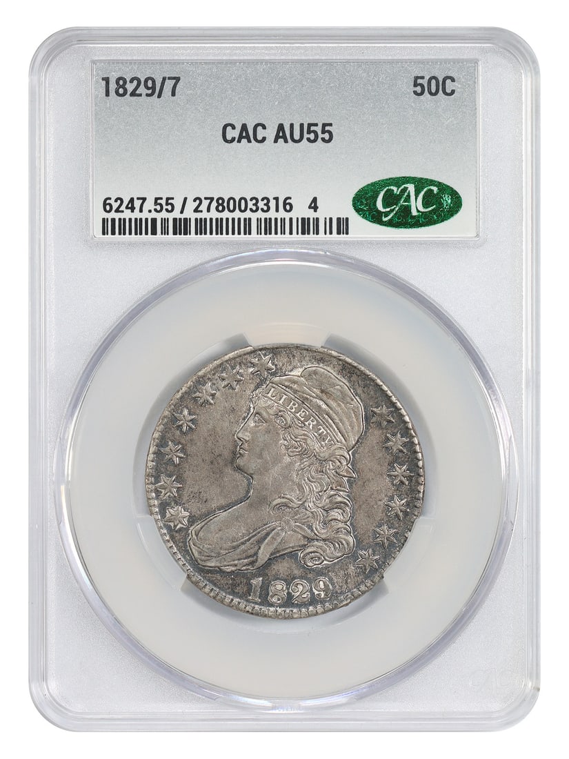CACG AU55 1829 Overdate Capped Bust Half Dollar 50C: CACG AU55 1829 Overdate Capped Bust Half Dollar 50C This 1829/7 Capped Bust Half Dollar is a circulated coin graded AU55 by CACG and features the sought-after CAC sticker. Struck in Philadelphia, it i
