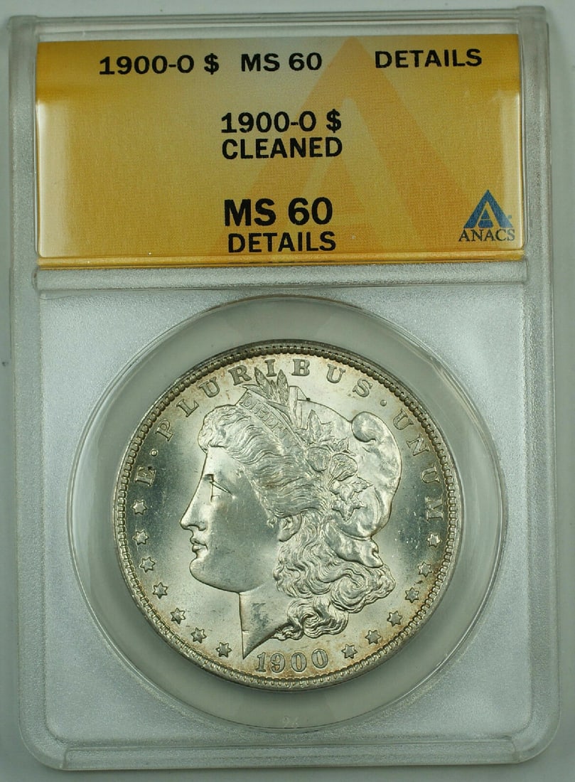 ANACS MS-60 Details 1900-O Morgan Dollar Cleaned New Orleans Mint Silver Coin: ANACS MS-60 Details 1900-O Morgan Dollar Cleaned New Orleans Mint Silver Coin This is a 1900-O Morgan Silver Dollar, certified by ANACS with a grade of MS-60 Details. The coin originates from the New