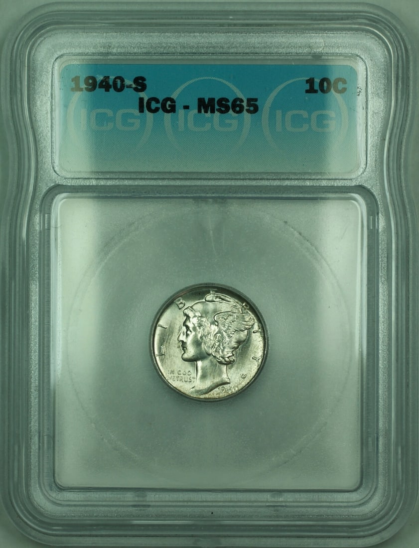 ICG MS-65 1940-S Silver 10 Cent Mercury Dime Coin: ICG MS-65 1940-S Silver 10 Cent Mercury Dime Coin This 1940-S Mercury Dime is a 10-cent silver coin from the United States, minted in San Francisco. Graded MS-65 by ICG, the coin is uncirculated and f