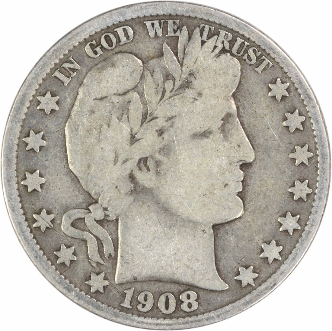 1908 San Francisco Barber 50C Silver Coin VG Grade Uncertified: 1908 San Francisco Barber 50C Silver Coin VG Grade Uncertified This 1908-S Barber Half Dollar is a circulated coin graded as Very Good and remains uncertified. Minted in San Francisco, it features a c