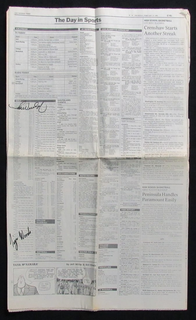 Tiger Woods Signed 1992 LA Times Newspaper First PGA Event JSA Authenticated: Tiger Woods Signed 1992 LA Times Newspaper First PGA Event JSA Authenticated This is a rare piece of sports memorabilia featuring a signed February 27, 1992, Los Angeles Times newspaper highlighting a