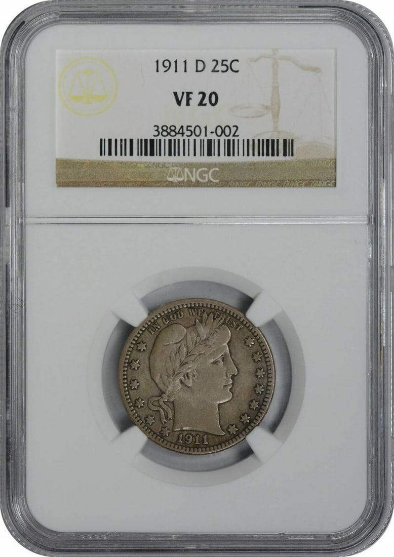 1911-D Barber Silver Quarter VF20 NGC Certified Coin: 1911-D Barber Silver Quarter VF20 NGC Certified Coin This 1911-D Barber Silver Quarter is a beautiful representation of American coinage, certified by NGC with a grade of VF20. Struck at the Denver Mi