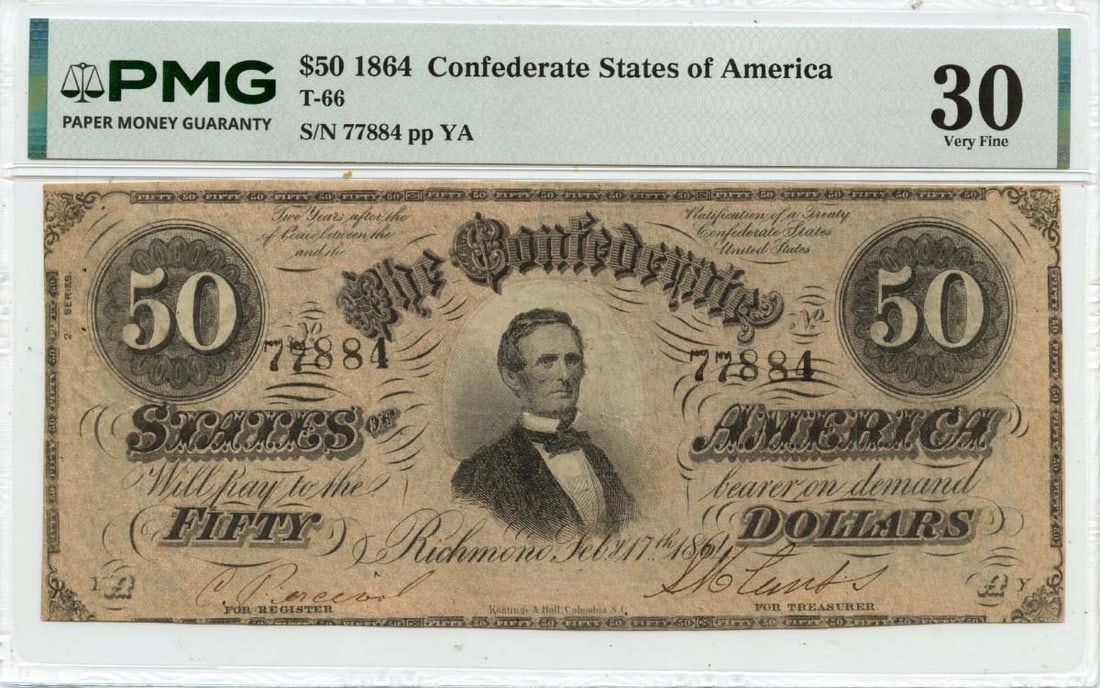 PMG VF30 T-66 Fifty Dollar Confederate States Currency Note 1864 (1 of 2)