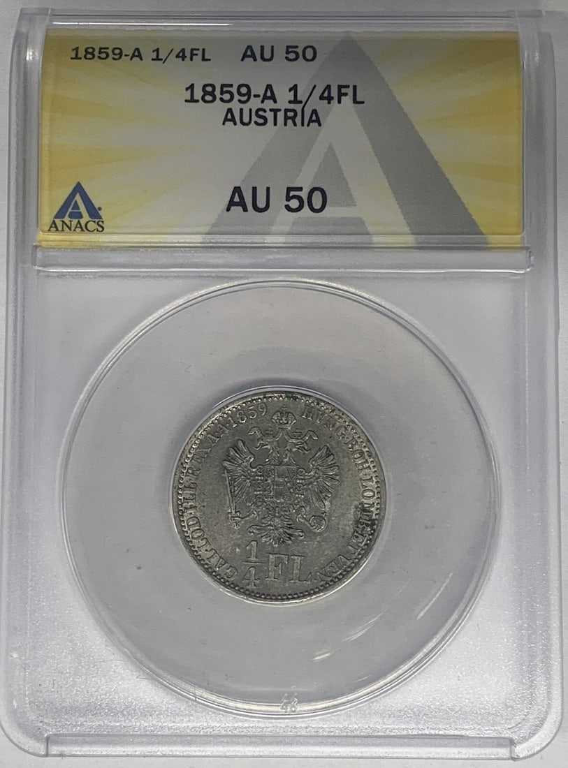 Silver 1859 Austria 1/4 Florin Coin Graded AU 50 by ANACS: Silver 1859 Austria 1/4 Florin Coin Graded AU 50 by ANACS This 1859-A Austria 1/4 Florin coin is certified by ANACS with a grade of AU 50. Composed of silver, this circulated coin originates from Aust