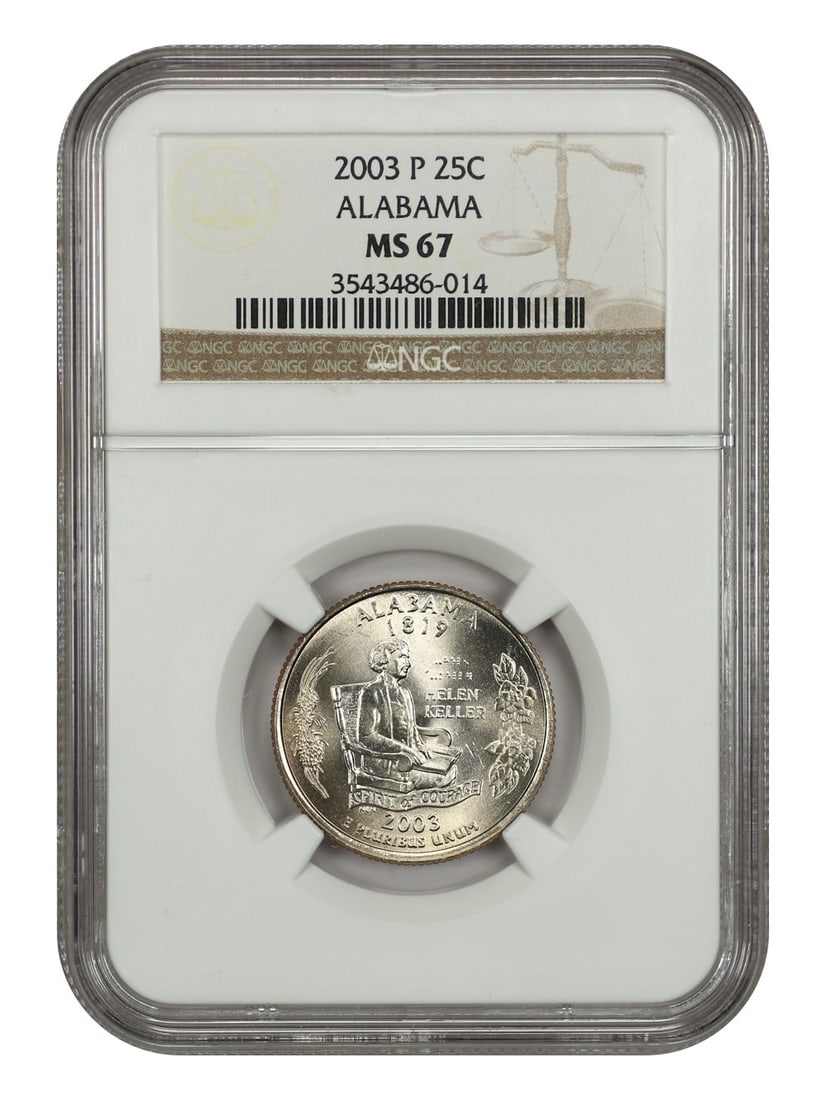 2003-P 25C Alabama NGC MS67 Washington State Quarter: 2003-P 25C Alabama NGC MS67 Washington State Quarter This 2003-P 25C Alabama quarter is certified by NGC with a grade of MS67, indicating its uncirculated condition. This coin is part of the Washingto