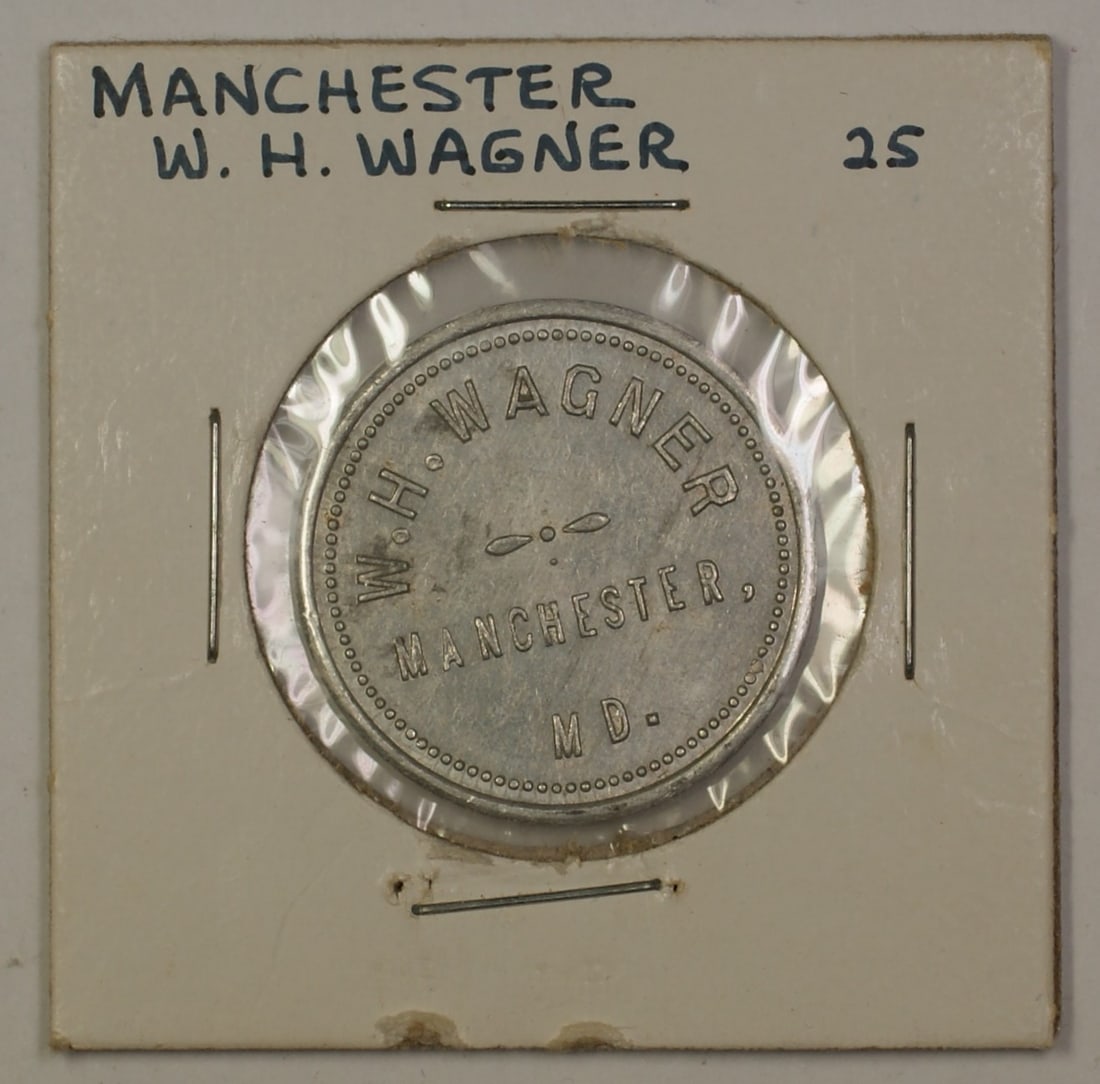 W.H. Wagner Trade Token Early 1900s Manchester Maryland Carroll County S-5: W.H. Wagner Trade Token Early 1900s Manchester Maryland Carroll County S-5 This is an early 20th-century trade token from W.H. Wagner, originating in Carroll County, Manchester, Maryland. The token is