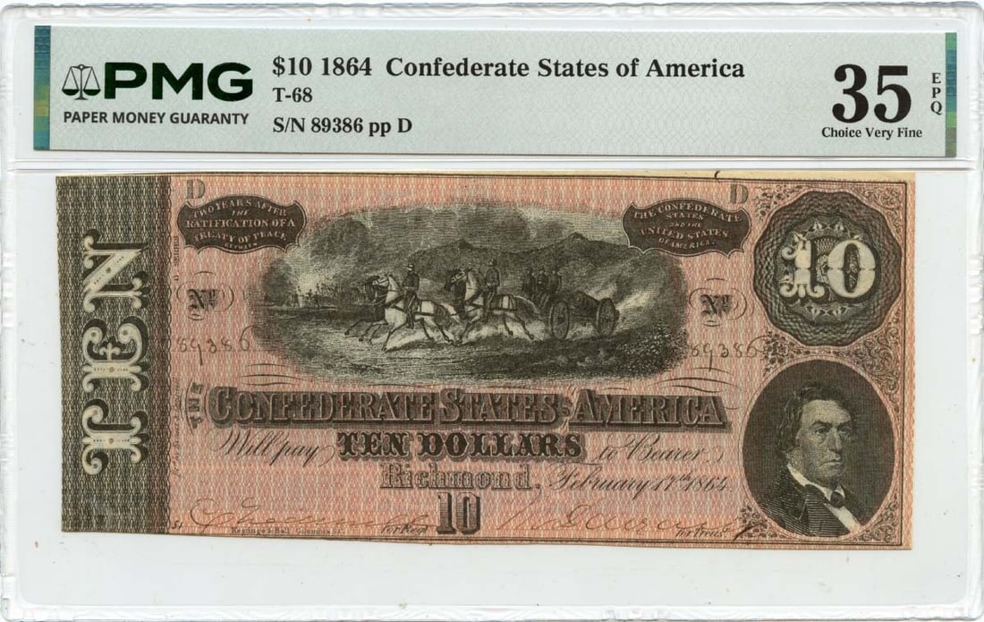 PMG VF35 EPQ 1864 Confederate States $10 T-68 Banknote: PMG VF35 EPQ 1864 Confederate States $10 T-68 Banknote This is an 1864 $10 Confederate States of America banknote, graded VF35 by PMG. This circulated note is a historical piece from the United States