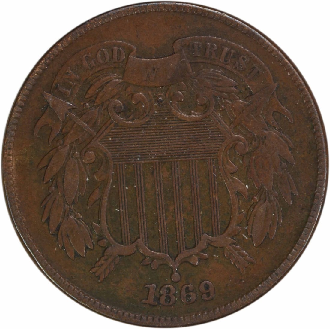 1869 Bronze Two Cent Piece Circulated Uncertified VF (1 of 2)