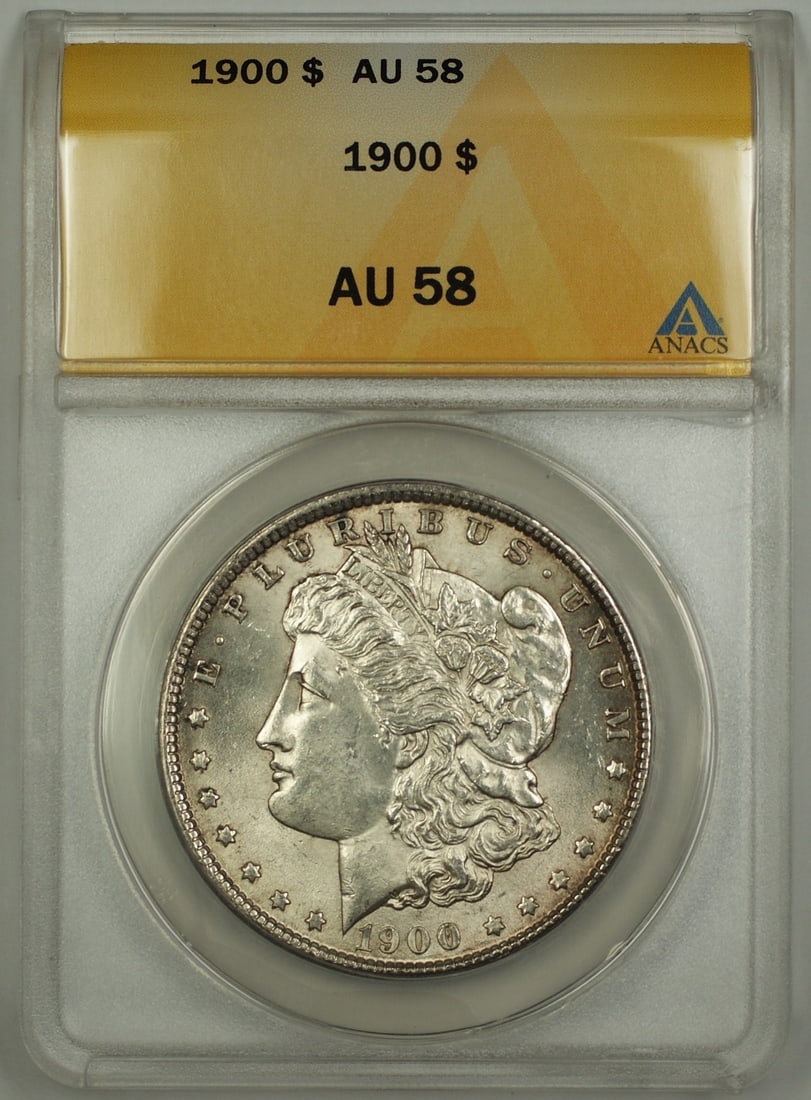 ANACS AU 58 1900 Silver Morgan Dollar Coin from Philadelphia: ANACS AU 58 1900 Silver Morgan Dollar Coin from Philadelphia This 1900 Morgan Silver Dollar coin is certified by ANACS with a grade of AU-58. Minted in Philadelphia, it is composed of silver and is cl