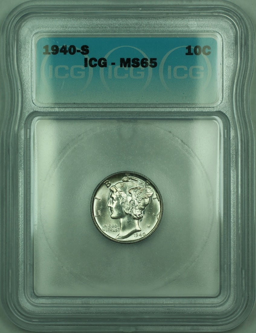 ICG Certified 1940-S Mercury Dime Silver 10C MS65 San Francisco Mint: ICG Certified 1940-S Mercury Dime Silver 10C MS65 San Francisco Mint This is a 1940-S Mercury Silver Dime from the United States, featuring the Mercury variety. The coin is uncirculated and graded MS-
