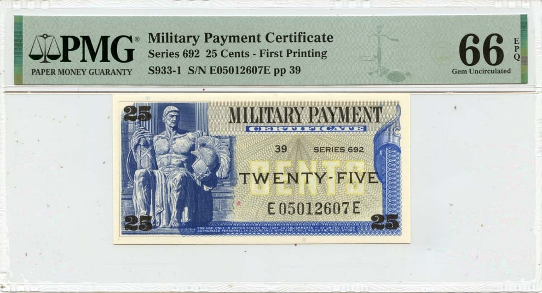 PMG Graded Series 692 Military Payment Certificate 25 Cent GEM 66 EPQ: PMG Graded Series 692 Military Payment Certificate 25 Cent GEM 66 EPQ This is a Series 692 25 Cents Military Payment Certificate from the United States, certified by PMG with a grade of GEM 66 EPQ. Th