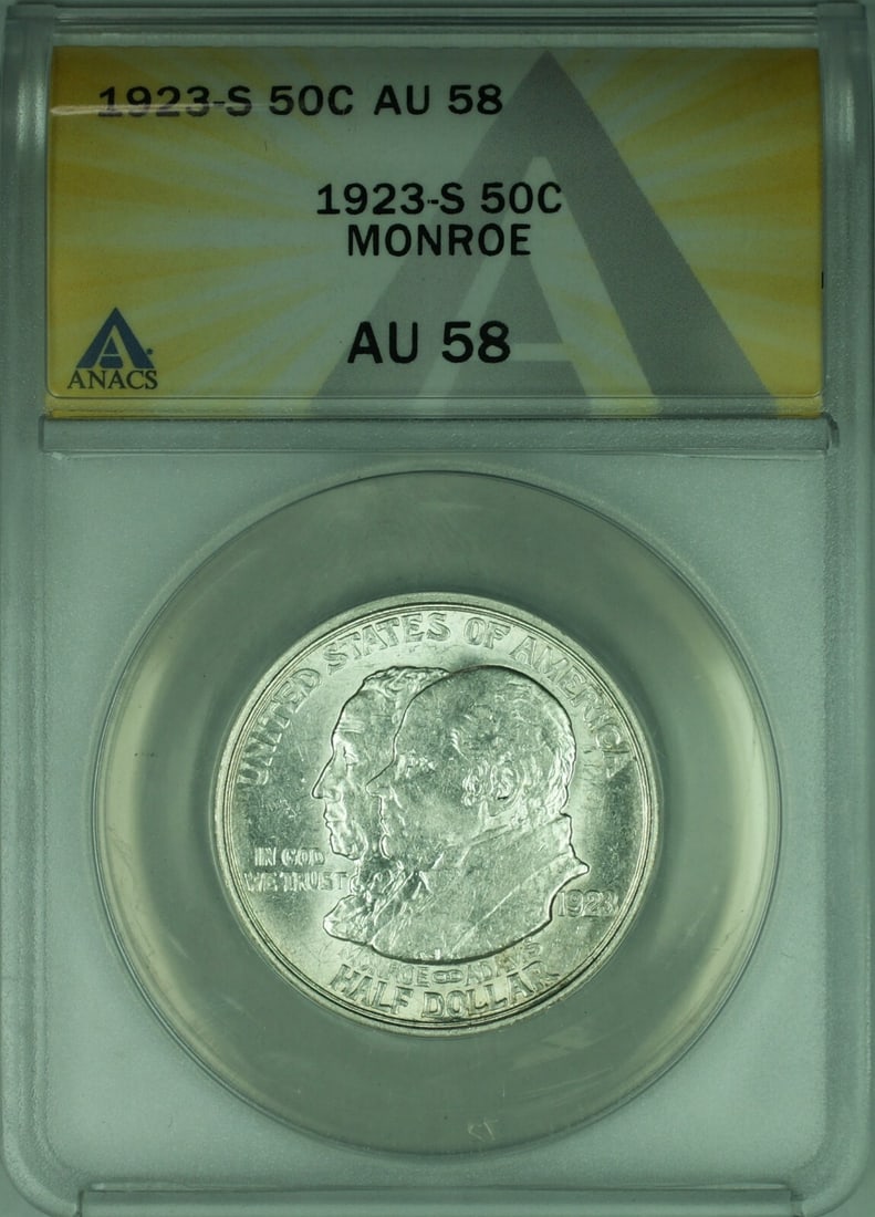 ANACS AU 58 1923-S Monroe Silver Commemorative Half Dollar San Francisco Mint: ANACS AU 58 1923-S Monroe Silver Commemorative Half Dollar San Francisco Mint This 1923-S Monroe commemorative half dollar is a silver 50-cent coin minted in San Francisco. It has been certified by AN