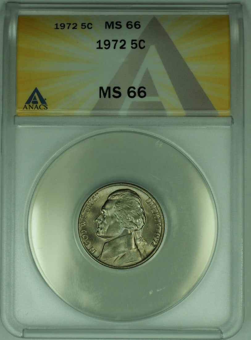 ANACS MS 66 1972 Toned Jefferson Nickel Five Cent Coin: ANACS MS 66 1972 Toned Jefferson Nickel Five Cent Coin This 1972 Jefferson Nickel is a United States 5-cent coin featuring distinctive toning. It is certified by ANACS with a grade of MS 66, indicatin