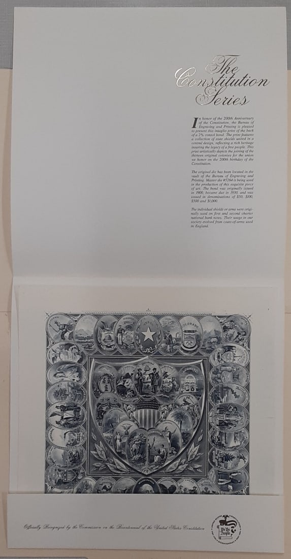United States Constitution Bicentennial State Shields Blue Souvenir Card B 117: United States Constitution Bicentennial State Shields Blue Souvenir Card B 117 This BEP souvenir card was issued in 1987 to commemorate the 200th Anniversary of the U.S. Constitution. It features a pr