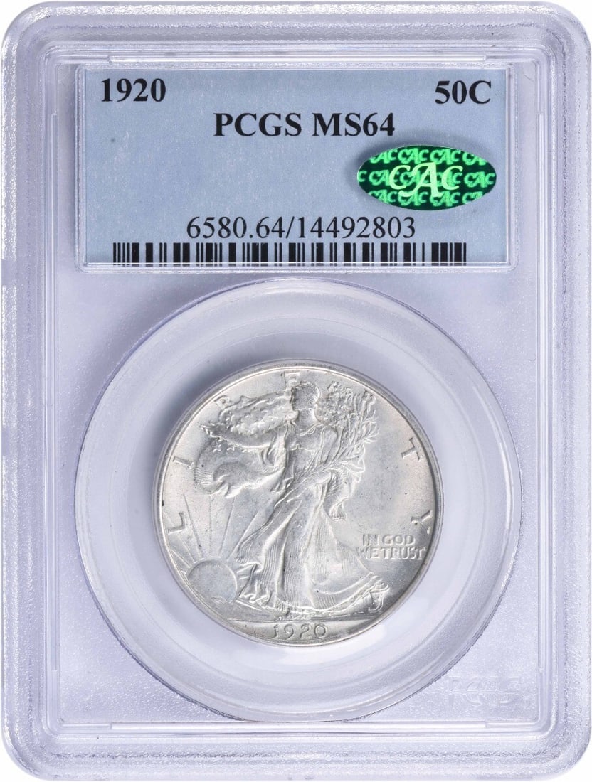 1920 Walking Liberty Silver Half Dollar MS64 PCGS CAC Certified Coin: 1920 Walking Liberty Silver Half Dollar MS64 PCGS CAC Certified Coin This 1920 Walking Liberty Silver Half Dollar, graded MS64 by PCGS with a CAC seal, is a stunning piece for collectors. Featuring th