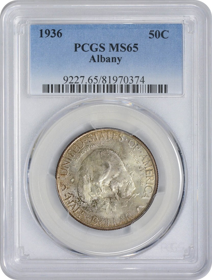 1936 Albany Silver Commemorative Half Dollar MS65 Graded by PCGS: 1936 Albany Silver Commemorative Half Dollar MS65 Graded by PCGS This 1936 Albany Commemorative Silver Half Dollar is graded MS65 by PCGS. Struck at the Philadelphia Mint, it features a composition of