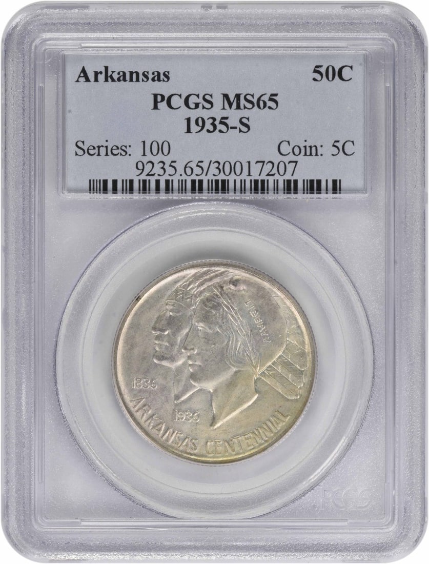 1935-S Arkansas Silver Half Dollar PCGS MS65 Commemorative Coin: 1935-S Arkansas Silver Half Dollar PCGS MS65 Commemorative Coin This Arkansas Commemorative Silver Half Dollar from 1935 was struck at the San Francisco Mint and graded MS65 by PCGS. Composed of 90% s