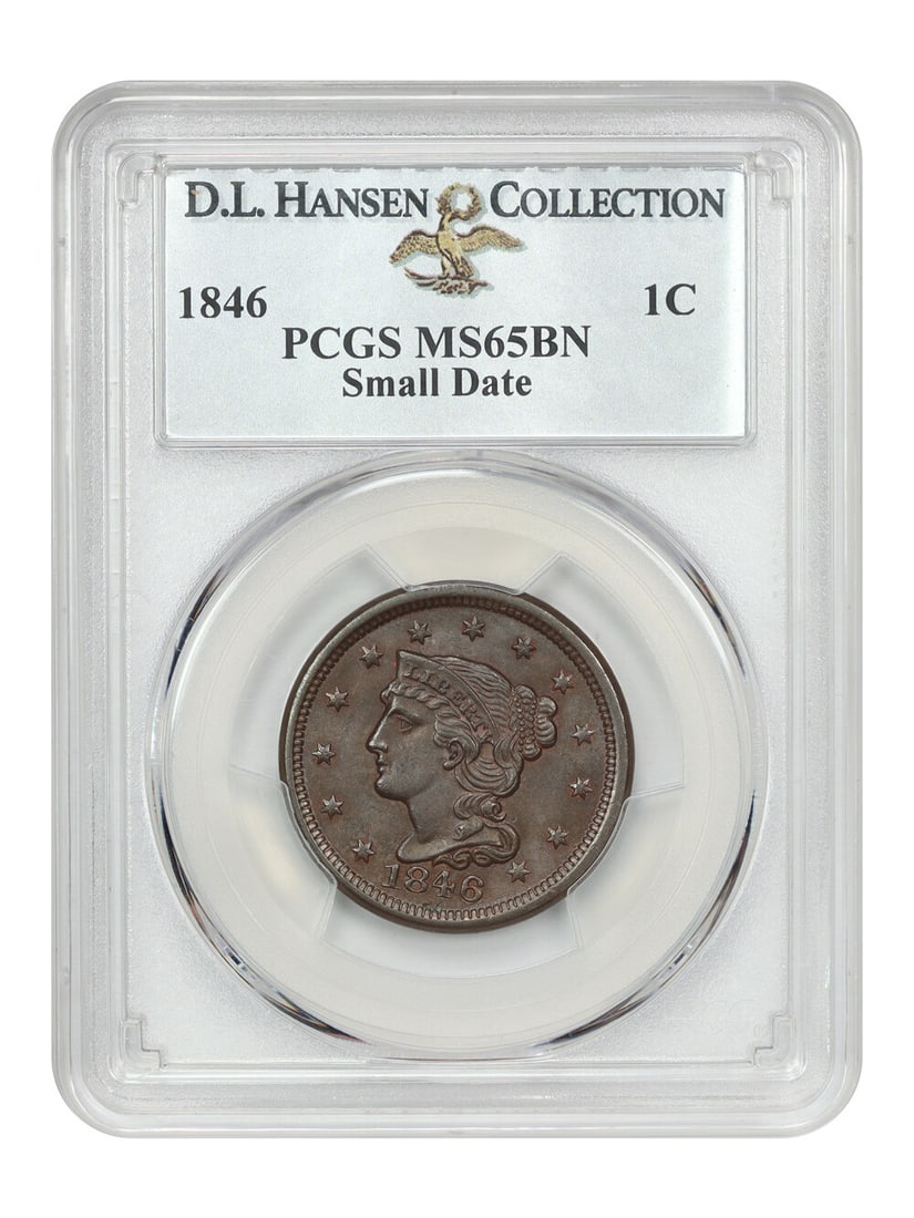 1846 Braided Hair Cent 1C PCGS MS65BN Uncirculated D.L. Hansen: 1846 Braided Hair Cent 1C PCGS MS65BN Uncirculated D.L. Hansen This stunning 1846 Braided Hair Cent, graded MS65BN by PCGS, showcases deep brown surfaces accentuated by subtle mint red hues, particula