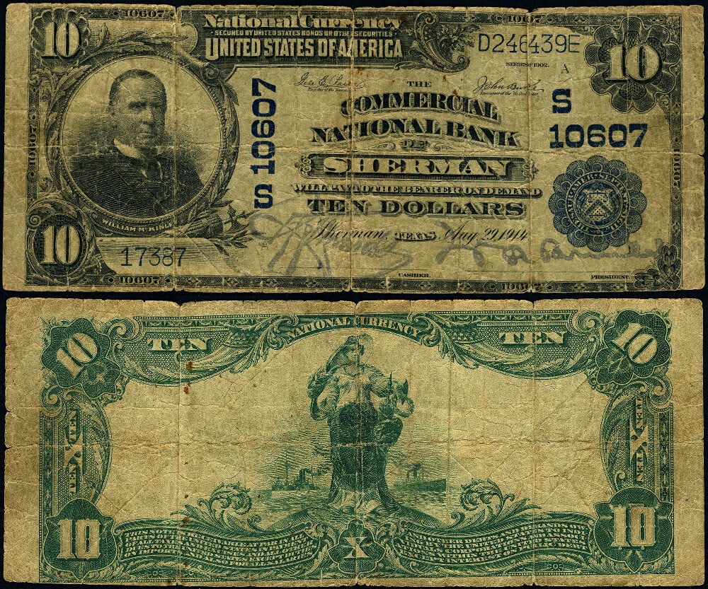 1902 $10 National Bank Note Sherman Texas Charter 10607 Commercial NB (1 of 3)