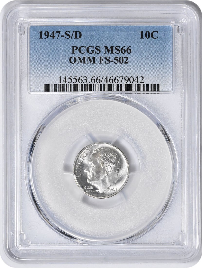 MS66 PCGS 1947 S Over D Roosevelt 10C Silver Dime FS-502: MS66 PCGS 1947 S Over D Roosevelt 10C Silver Dime FS-502 This is a 1947-S/D Roosevelt Silver Dime featuring the OMM FS-502 variety. Certified by PCGS with a grade of MS66, this uncirculated coin origi