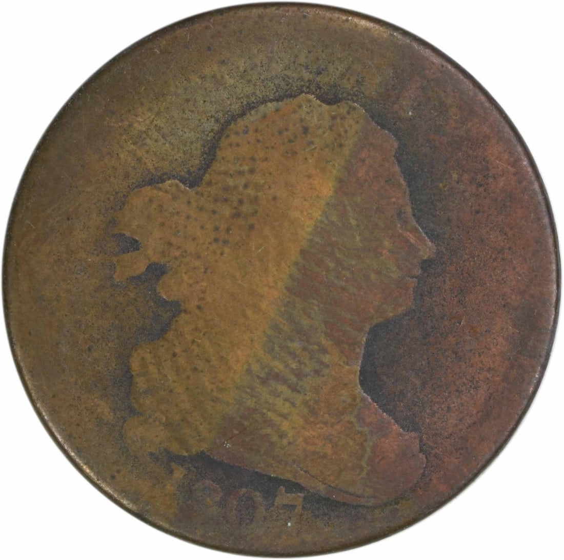 1807 Draped Bust Half Cent AG Uncertified Copper Coin: 1807 Draped Bust Half Cent AG Uncertified Copper Coin This 1807 Half Cent is a remarkable piece of American numismatic history, featuring the Draped Bust design by Robert Scot. Minted in Philadelphia,