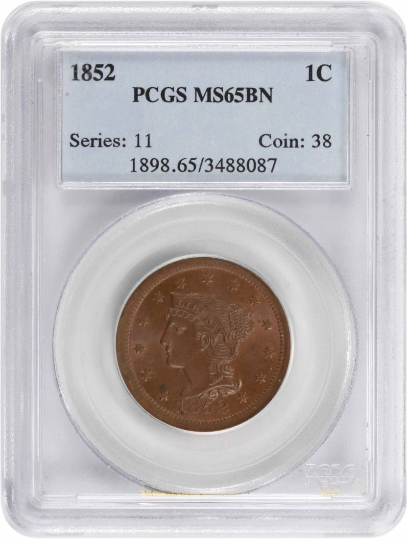 1852 Braided Hair Large Cent MS65BN by PCGS Copper Coin: 1852 Braided Hair Large Cent MS65BN by PCGS Copper Coin This 1852 Large Cent, certified by PCGS, is an uncirculated coin showcasing the exquisite Braided Hair design by Christian Gobrecht. Minted in P