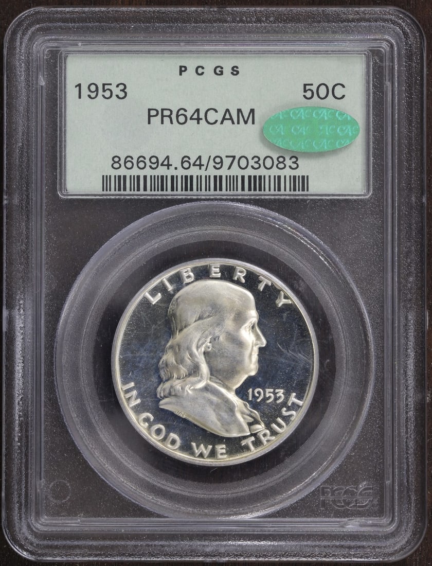 1953 Franklin Half Dollar Proof Silver PR64 Cameo PCGS CAC: 1953 Franklin Half Dollar Proof Silver PR64 Cameo PCGS CAC This is a 1953 Proof Franklin Half Dollar graded PR64 CAMEO by PCGS and certified with a CAC sticker. Struck in Philadelphia, this uncirculat