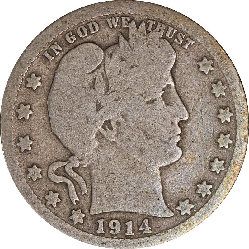 1914 San Francisco Silver Barber Quarter Coin United States: 1914 San Francisco Silver Barber Quarter Coin United States This is a 1914-S Barber Quarter from the United States, minted in San Francisco. The coin is composed of silver and is in circulated, pre-ow