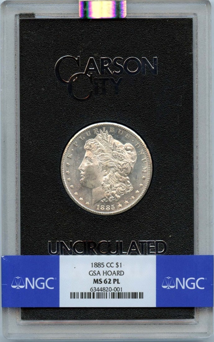 NGC MS62PL 1885 Carson City Morgan Dollar GSA Hoard Silver Coin: NGC MS62PL 1885 Carson City Morgan Dollar GSA Hoard Silver Coin This is an 1885-CC Morgan Dollar from the GSA Hoard, certified by NGC with a grade of MS62 Proof-Like (PL). The coin is uncirculated and