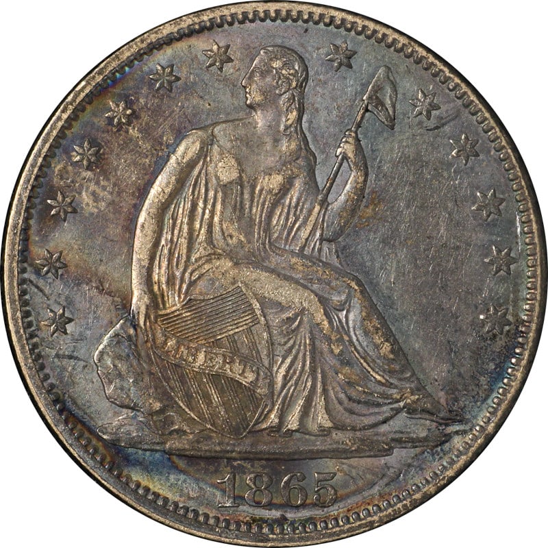 1865-P Seated Half Dollar Civil War Silver Coin AU/BU Details: 1865-P Seated Half Dollar Civil War Silver Coin AU/BU Details This 1865-P Seated Half Dollar, minted in Philadelphia, is a notable piece from the Civil War era, featuring decent eye appeal and a stron