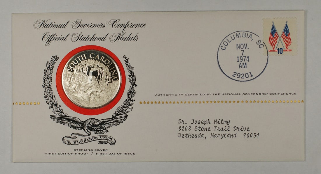 Sterling Silver South Carolina Medal 1974 Postmasters of America by Franklin Mint: Sterling Silver South Carolina Medal 1974 Postmasters of America by Franklin Mint This 1974 Postmasters of America commemorative medal honors the State of South Carolina. Struck in 0.925 fine sterling