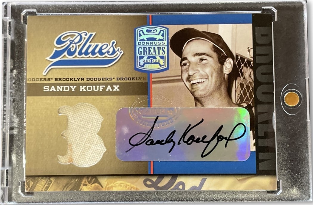 Sandy Koufax 2005 Donruss Greats Autograph Blue Dodgers Card DB-1: Sandy Koufax 2005 Donruss Greats Autograph Blue Dodgers Card DB-1 Celebrate the legacy of baseball legend Sandy Koufax with this 2005 Donruss Greats Brooklyn Dodgers Blues Autograph card. This collect