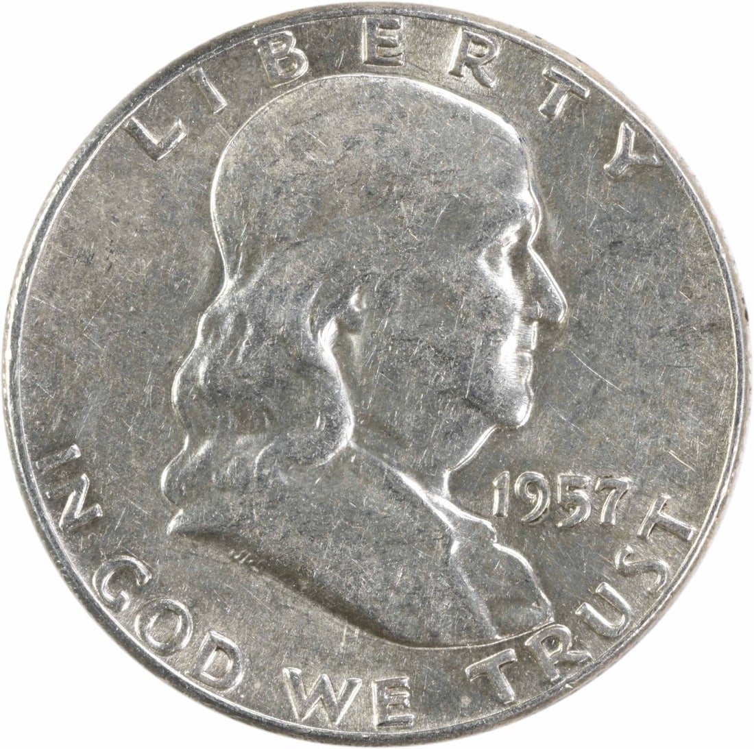 1957 AU Franklin 50C Philadelphia Silver Half Dollar Uncertified (1 of 2)