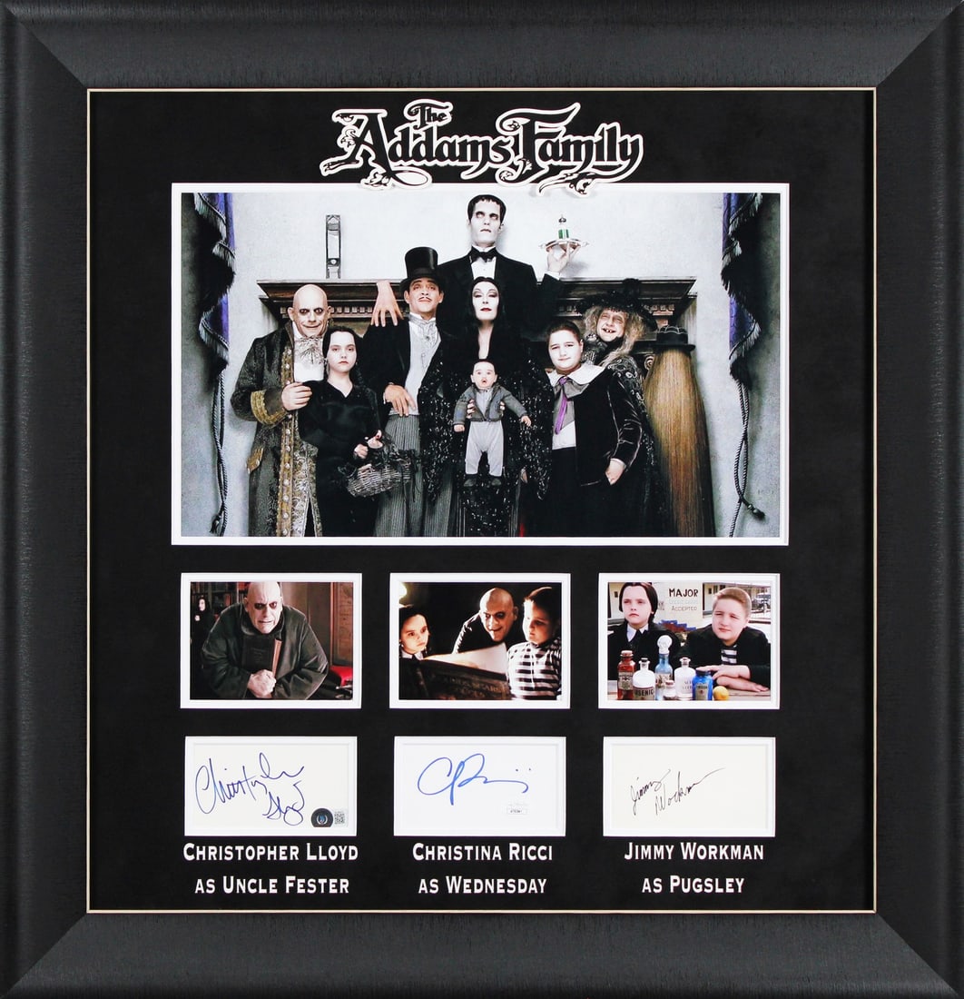 The Addams Family Signed Display Ricci Lloyd Workman BAS COA 26.5x27.5: The Addams Family Signed Display Ricci Lloyd Workman BAS COA 26.5x27.5 This exquisite framed display features the autographs of Christina Ricci, Christopher Lloyd, and Jimmy Workman from the iconic mo