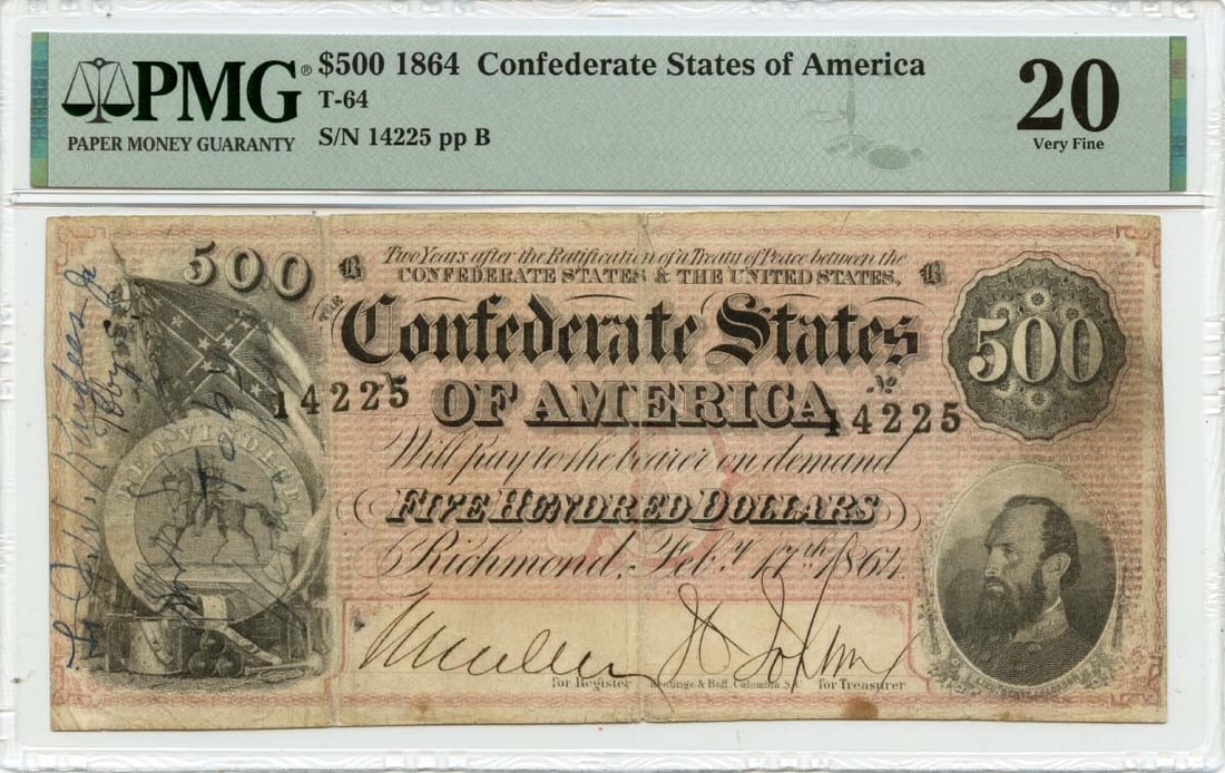1864 $500 Confederate States T-64 PMG Certified VF20 Note: 1864 $500 Confederate States T-64 PMG Certified VF20 Note This is a 1864 $500 note from the Confederate States of America, classified as T-64. The note has been graded by PMG with a certification numb